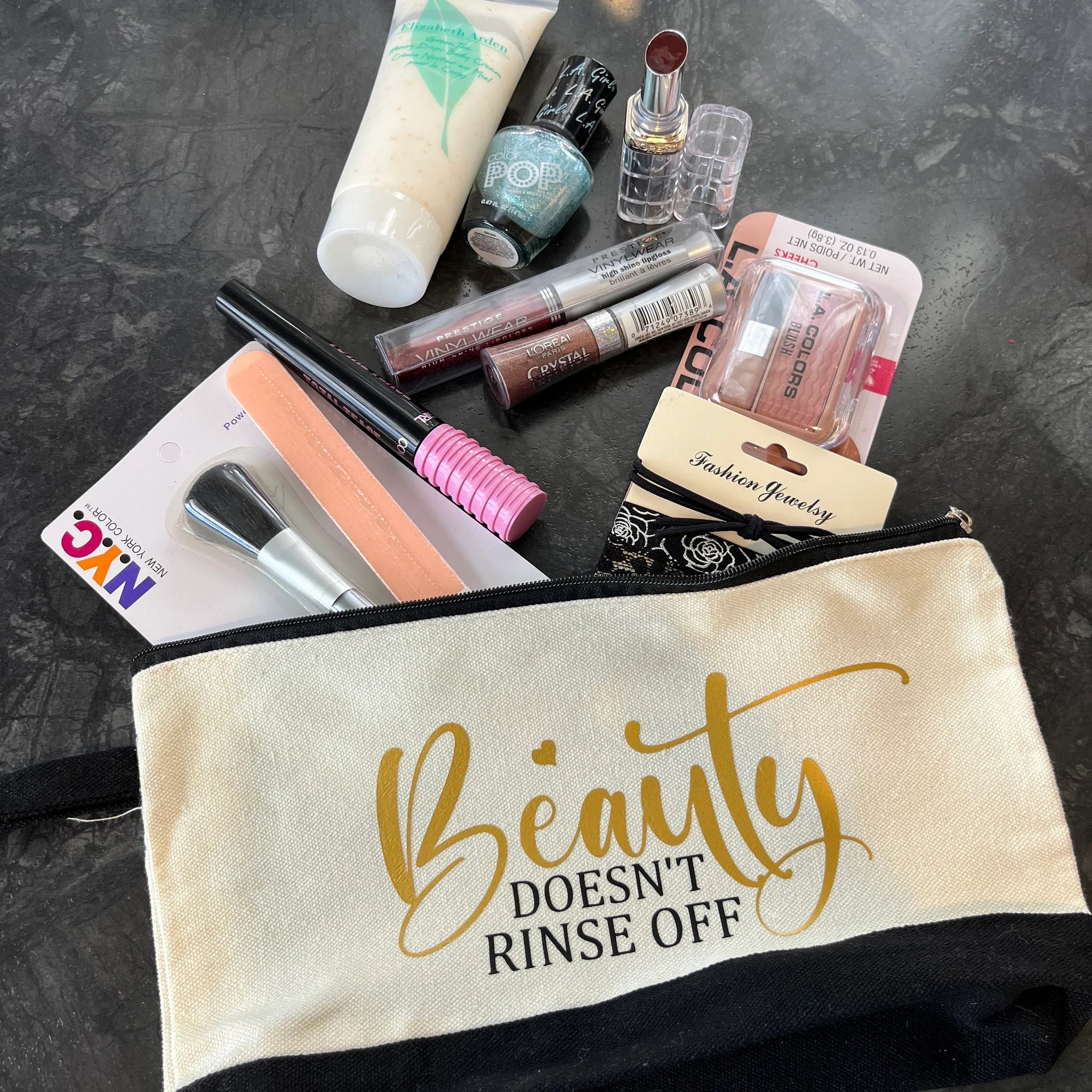 Woman applying liquid foundation and blush for a natural, radiant makeup look.