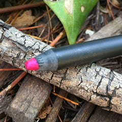 Pencil with black body and pink tip, resting on textured wood branch