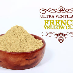 Yellow clay powder in a wooden bowl with visible "FRENCH YELLOW CLAY" text
