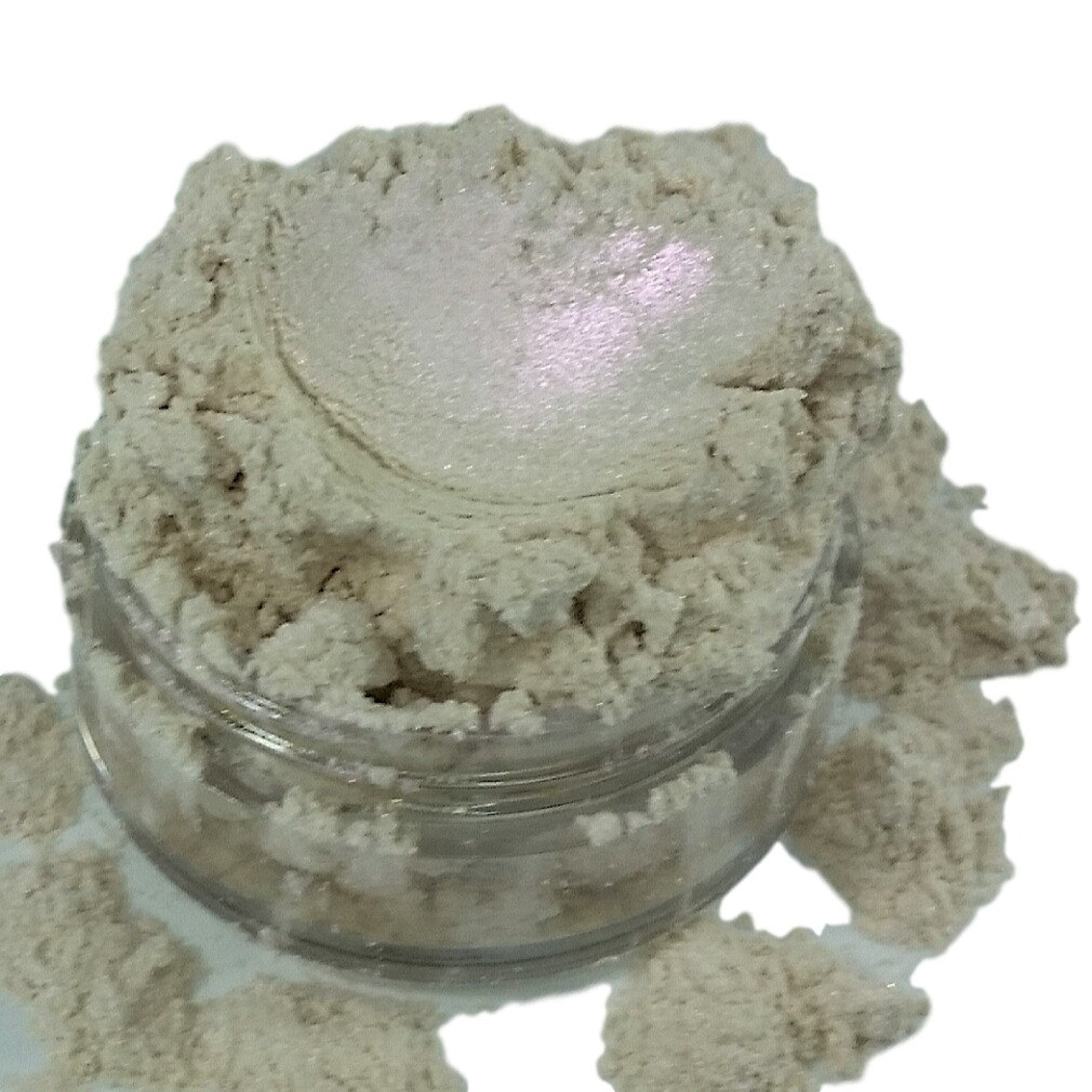 Eyeshadow powder, light beige color with pink shift, in clear jar