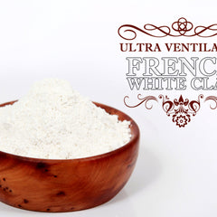 White powder in a wooden bowl, with "FRENCH WHITE CLAY" text visible.