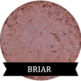 Mineral eyeshadow salmon color with blue duochrome, BRIAR brand name on black banner