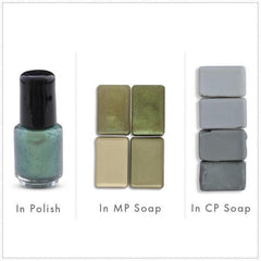 Close-up of shimmering aqua green mica pigment powder with metallic finish in cosmetic jar