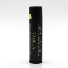 Lip balm tube with black and yellow label, Vanilla flavor, for lip care