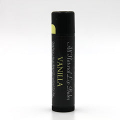 Lip balm tube with black and white label, "VANILLA" text, for lip care