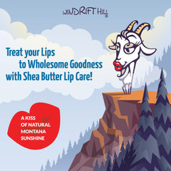 Windrift Hill logo with cartoon goat, red lips, blue sky and text about lip care