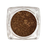 Bronze eyeshadow in a round glass jar with gold-toned lid, showcasing shimmering pigment texture.