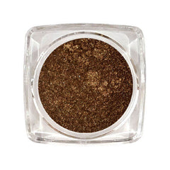 Bronze eyeshadow in a round glass jar with gold-toned lid, showcasing shimmering pigment texture.