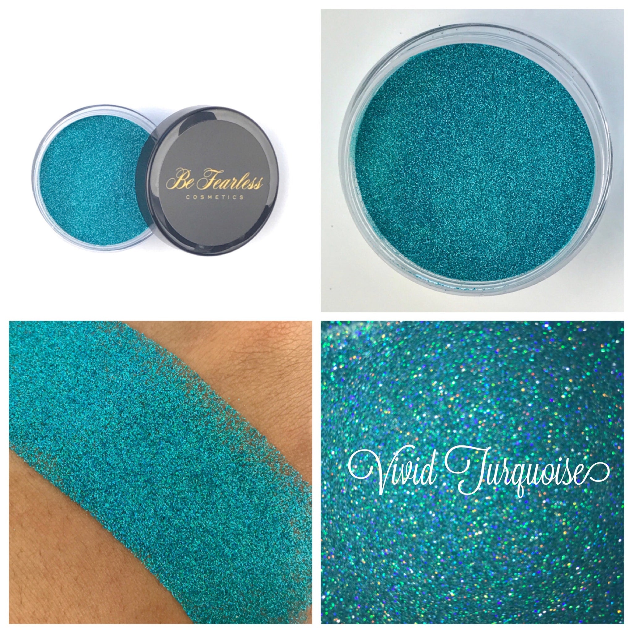 Vibrant turquoise loose glitter in a clear jar with silver lid, showcasing fine shimmer particles.