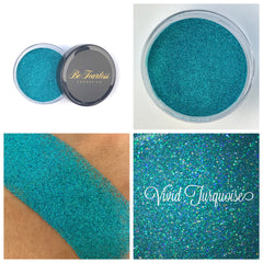 Vibrant turquoise loose glitter in a clear jar with silver lid, showcasing fine shimmer particles.