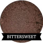 Brown eyeshadow with glitter particles, in a circular container, "BITTERSWEET" text