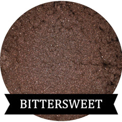 Brown eyeshadow with glitter particles, in a circular container, "BITTERSWEET" text