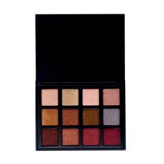 Eyeshadow palette with various metallic and matte shades in a black case