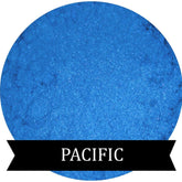Eye shadow, bright blue powder, PACIFIC brand on black ribbon