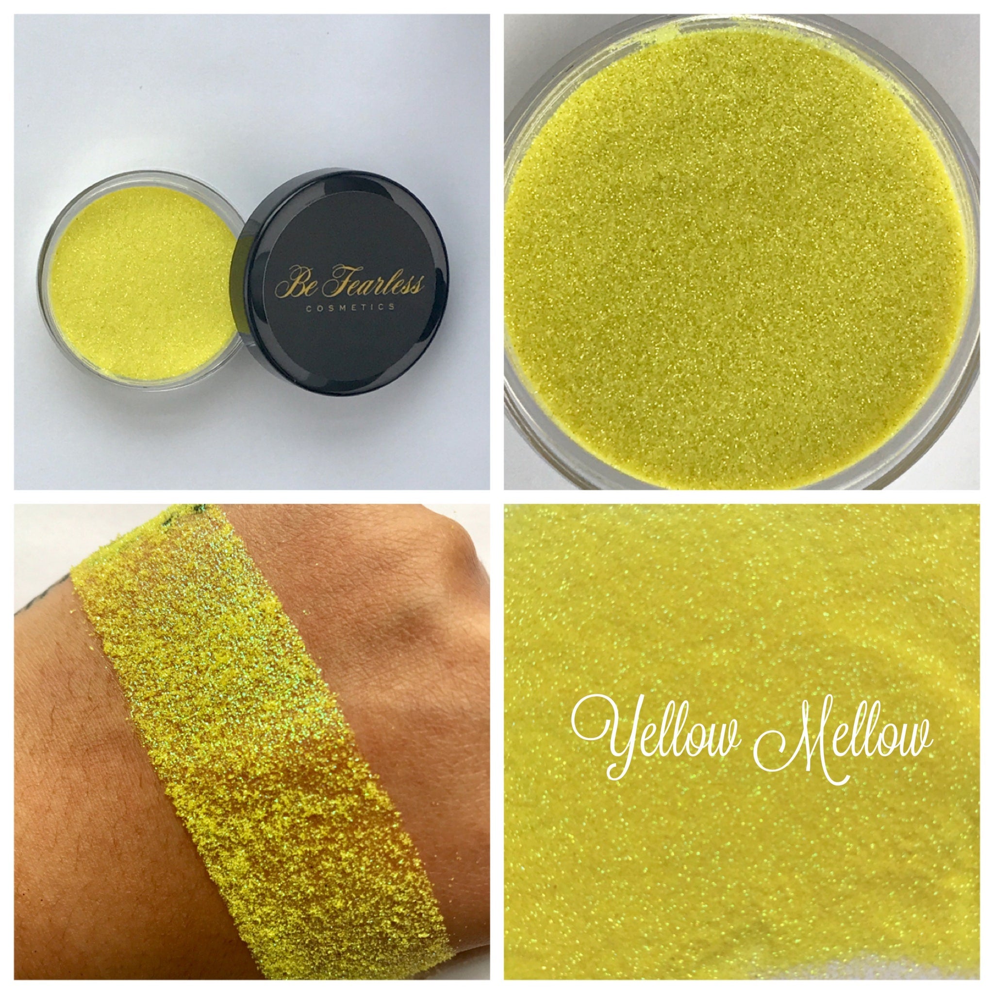 Loose glitter eye makeup in yellow, sparkly material, with brand name visible