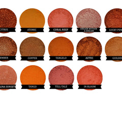 Eyeshadow swatches, orange and copper shades, various textures, labeled with names