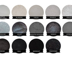 Eyeshadow swatches, various colors, matte and shimmer finishes, with black labels underneath