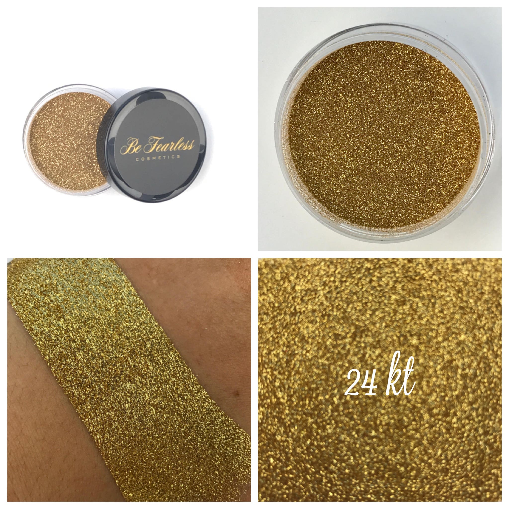 Glass jar of 24KT gold loose glitter with shimmering metallic particles for eye makeup application