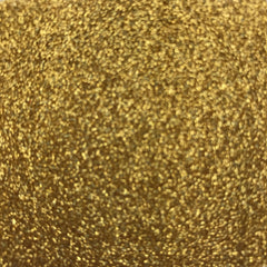 Side view of 24KT gold loose glitter in clear jar showcasing fine shimmer particles and reflective finish