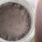Eyeshadow powder, gray matte color in jar and swatch on skin, BOO Makeup