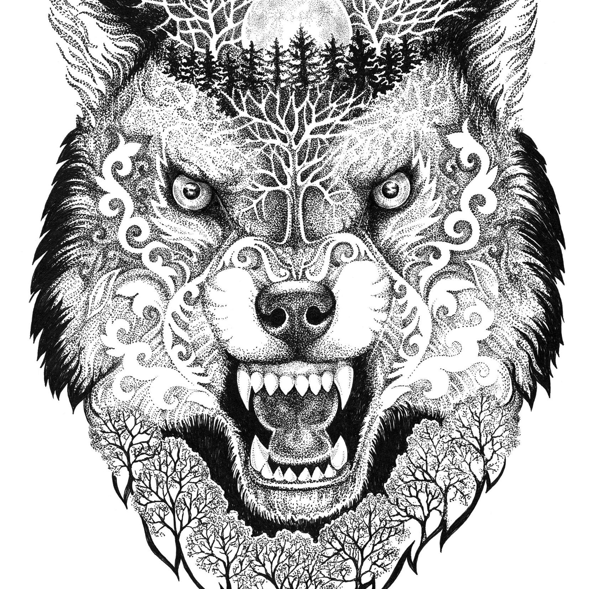Elegant black temporary wolf tattoo sheet with intricate dotwork design for leg or back application