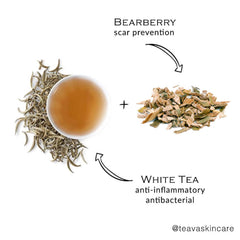 White tea leaves and liquid with brown color, bark pieces, and @teavaskincare text on white background