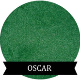 Mineral eyeshadow pigment, green with shimmer, OSCAR brand name on black banner