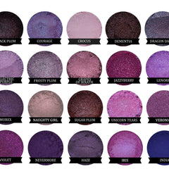 Eyeshadow palette with various shades of purple, shimmer, and matte finishes, labeled with names
