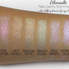 Shimmer eyeshadow swatches with iridescent, glittery, color-shifting finish on skin