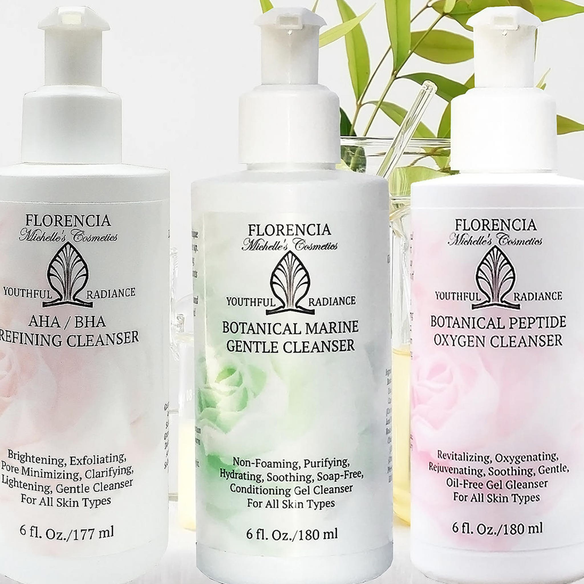 Facial cleansers, white plastic bottles, MiCo Michelle's Cosmetics text, for skincare