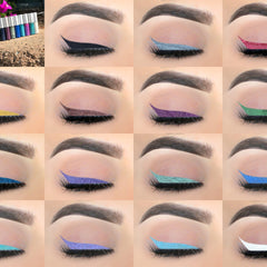 Eyeliner makeup with various colors, glitter, and wing style for eye makeup application