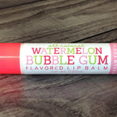 Watermelon Bubble Gum Lip Balm with pink and green text on white tube, SweetLipsLBCo brand
