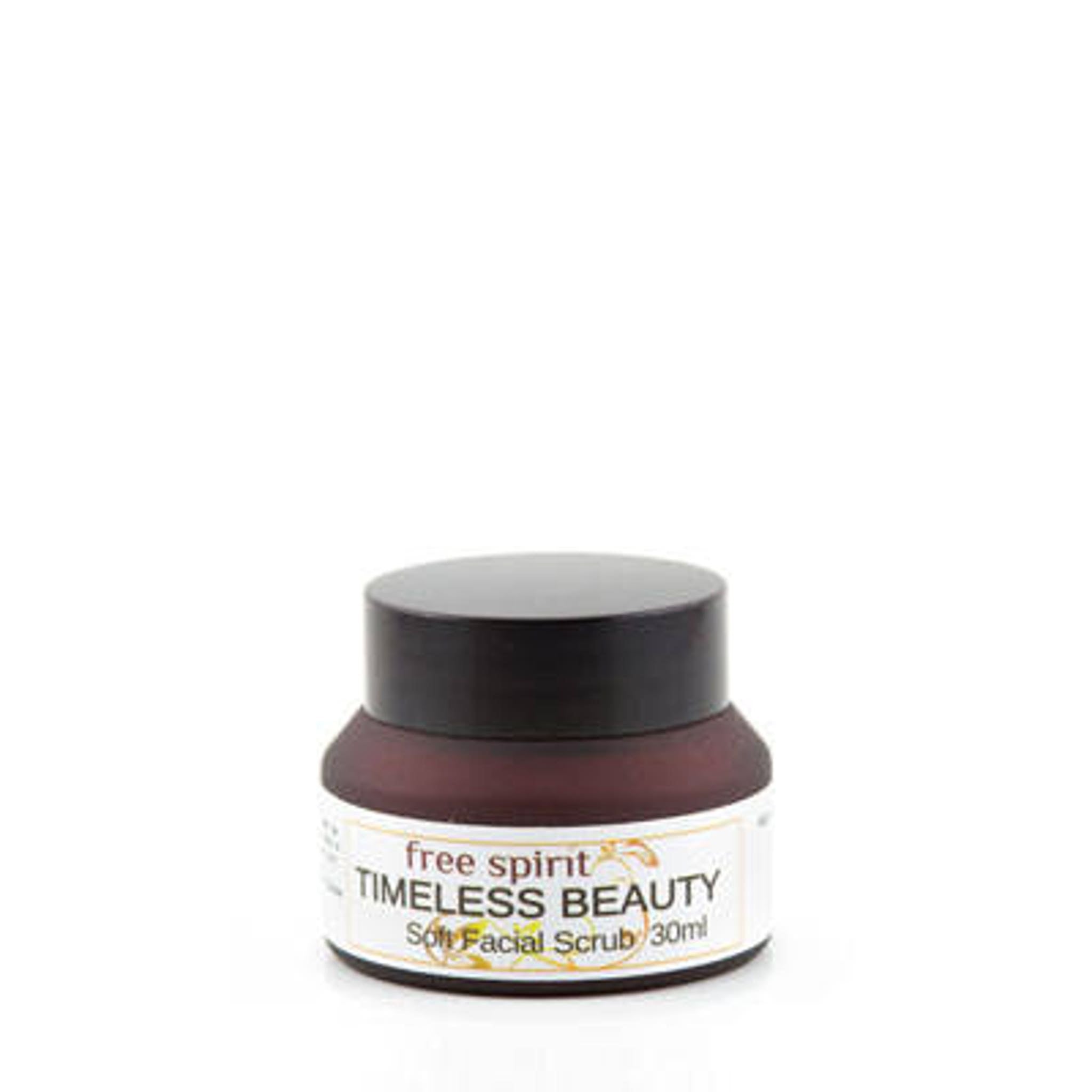 Facial cleanser jar with black lid, brown bottle, and white label with Timeless text