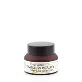 Facial cleanser jar with black lid, brown bottle, and white label with Timeless text
