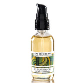 Facial Cleanser bottle with black pump, clear glass, and Leaf Seed Berry label
