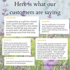 Customer reviews on white background with Herbesque logo, lavender background, star ratings