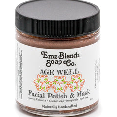 Sugar scrub jar with black lid, brown contents, and Age Well label