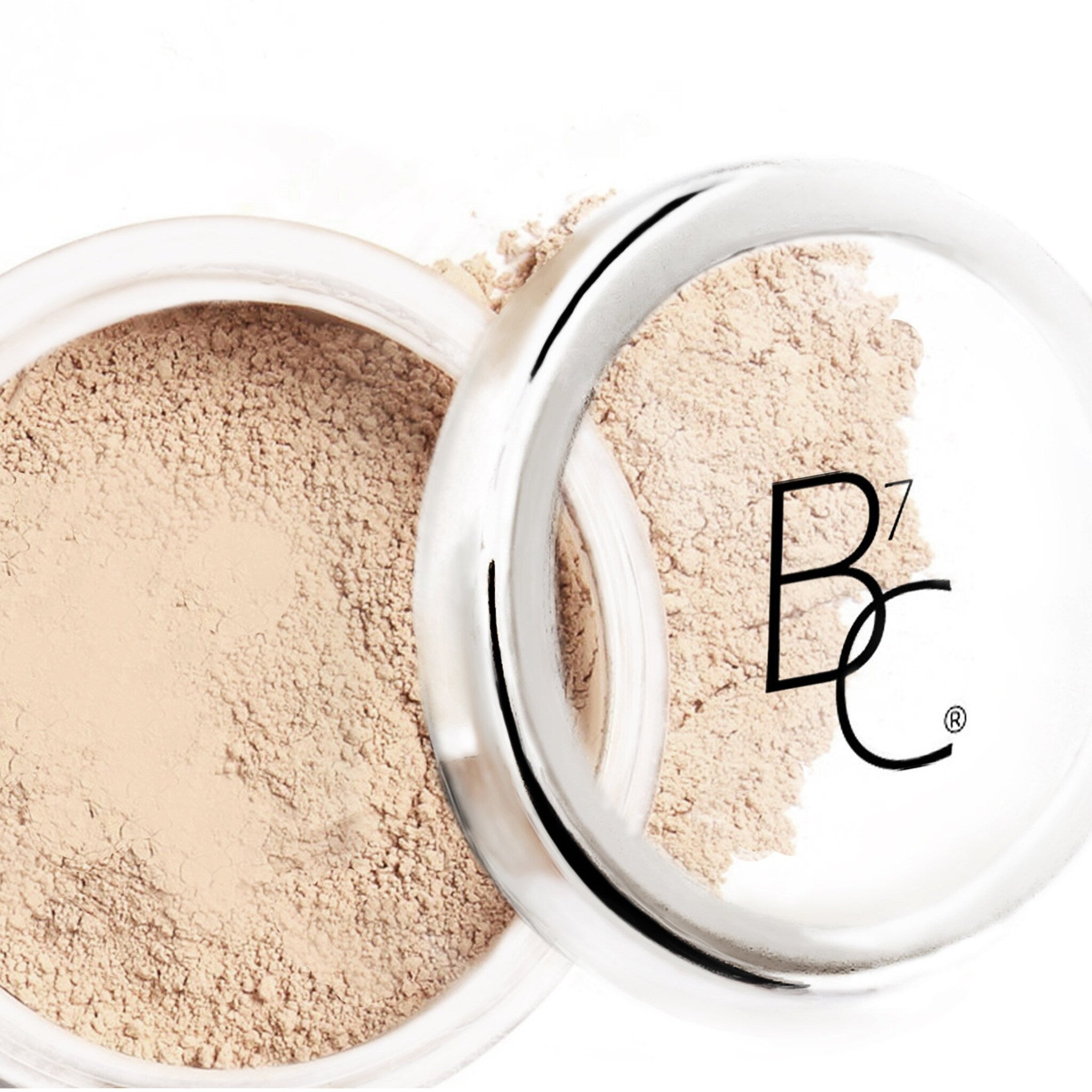 Mineral makeup foundation in beige powder with clear jar and BORNE 07 COSMETICS logo