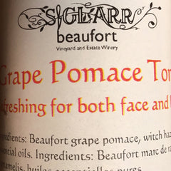 Beaufort Grape Pomace Toner, red and yellow text on white background, for face