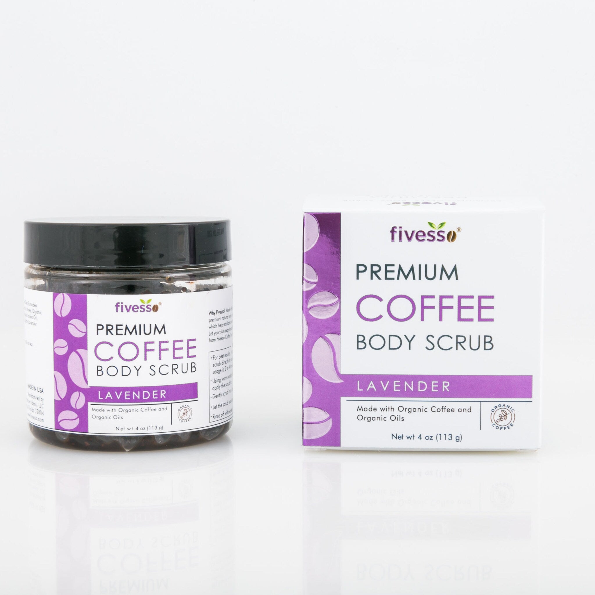 Coffee body scrub with black glass jar, white box, and Fivesso branding