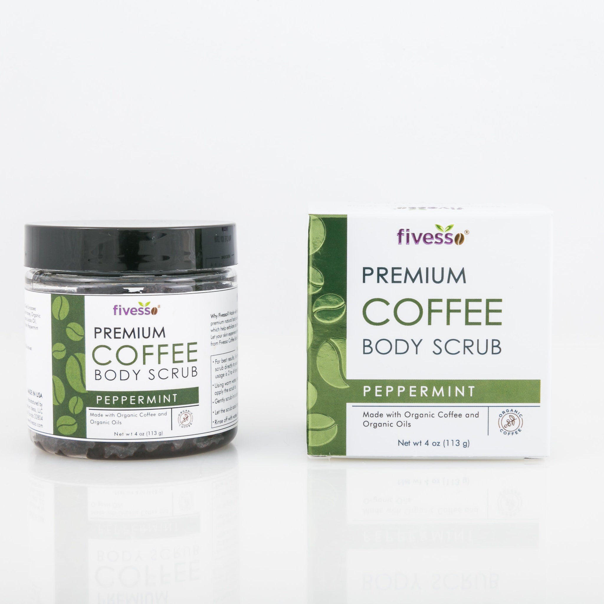 Coffee body scrub, glass jar and box with green and white labels, Fivesso brand