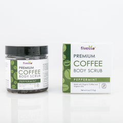 Coffee body scrub, glass jar and box with green and white labels, Fivesso brand