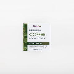 Coffee body scrub in white box with green accents and "fivesso" brand name
