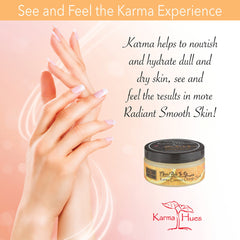 Hand with manicured nails, light skin tone and pink background with Karma Hues text