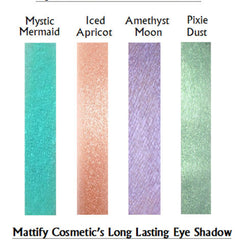 Eye shadow swatches in teal, peach, lavender, and green shades, Mattify Cosmetics text visible