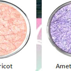 Eyeshadow pans, apricot and amethyst colors, with patterned texture and silver rim detail