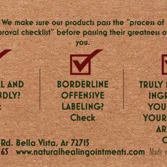 Text on brown paper background with green and red text, including a check mark and website address