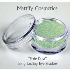 Eyeshadow in clear jar with green shimmer, "Mattify Cosmetics" text visible, "Pixie Dust" label