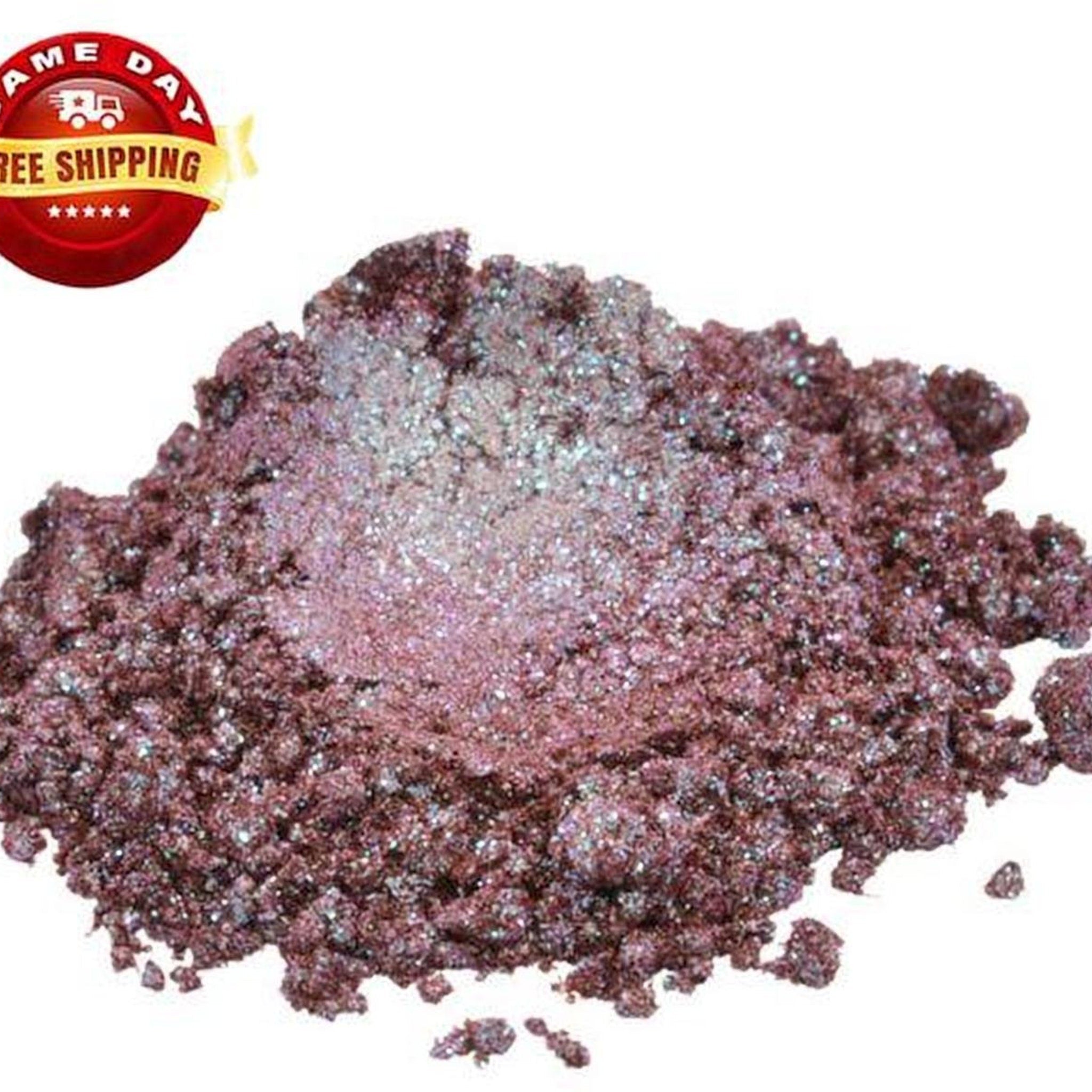 Cosmetic pigment powder, plum brown with iridescent shimmer, NOSY BY CHAMELEON brand visible