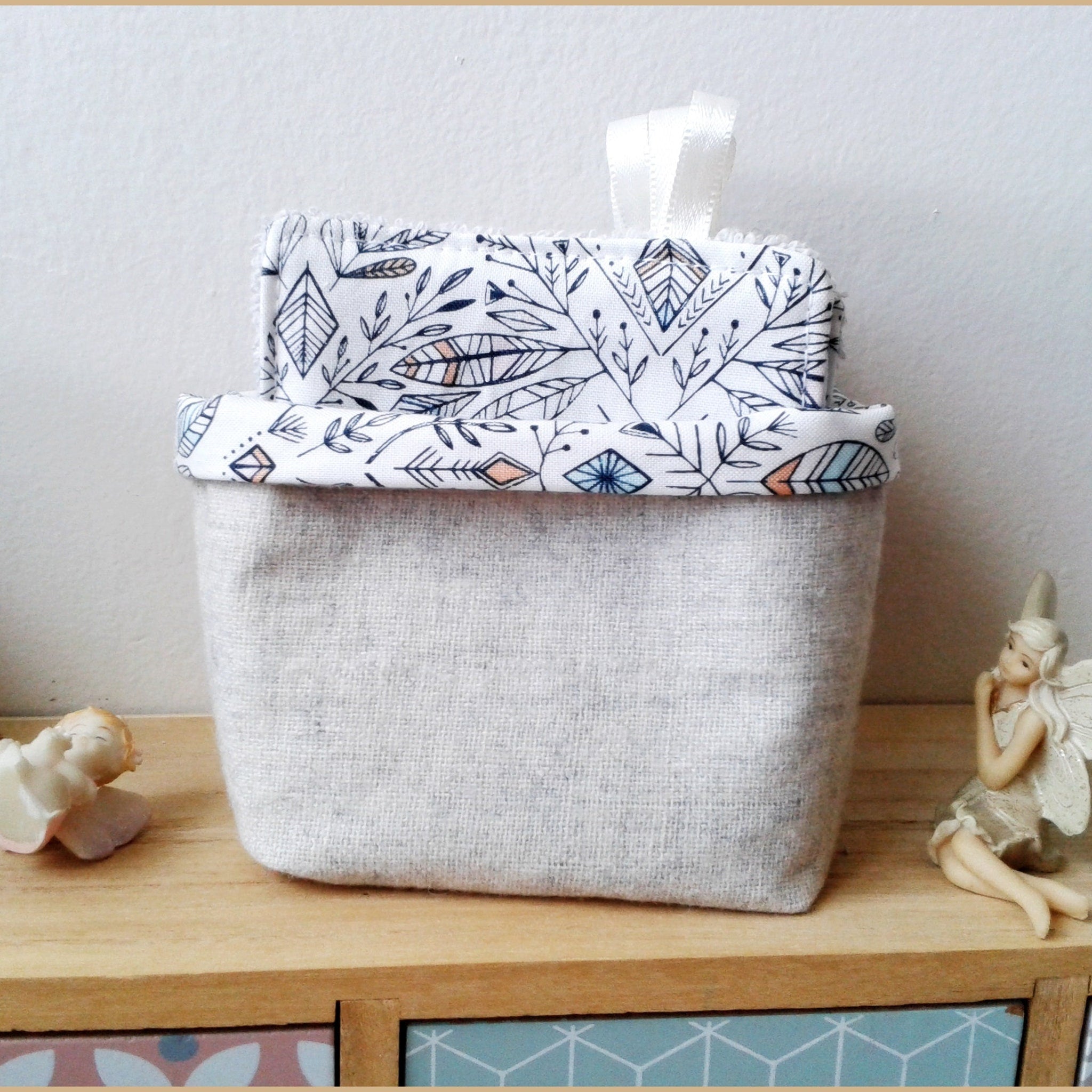 Cloth baby wipes storage basket, gray linen, white floral print, with ribbon handle